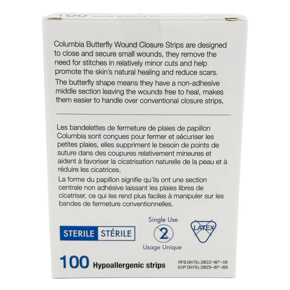 Front and back view of an individual sterile LEO butterfly closure bandage packet