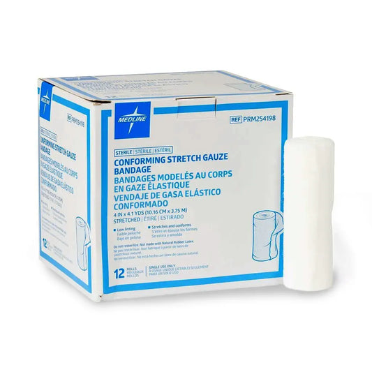 Box of 12 Medline sterile conforming stretch gauze bandages, 4 inch by 4.1 yards, featuring low-linting and latex-free medical-grade fabric.