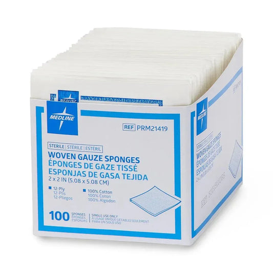 Box of 100 Medline sterile woven gauze sponges, 2x2 inch and 12-ply, made of 100% cotton for high-absorbency medical wound care.