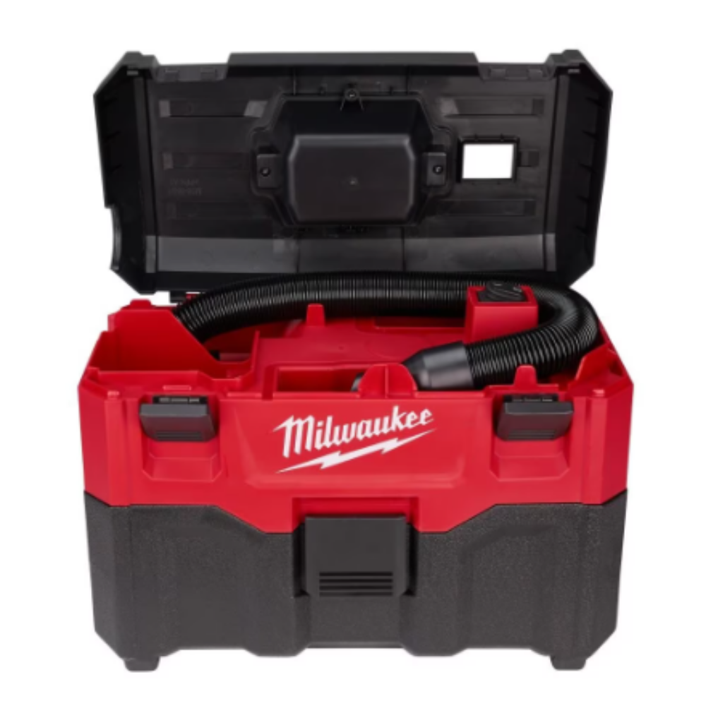 Front view of the Milwaukee 0880-20 M18 tool-box style vacuum showing the open top lid compartment with the flexible hose wrapped securely in its onboard storage slot.