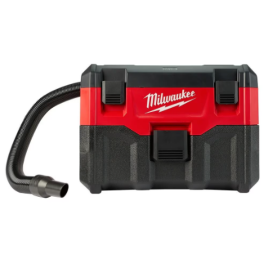 Front view of the compact, toolbox-style Milwaukee 0880-20 M18 18-volt lithium-ion cordless wet dry vacuum with the hose attached and heavy-duty latches closed.