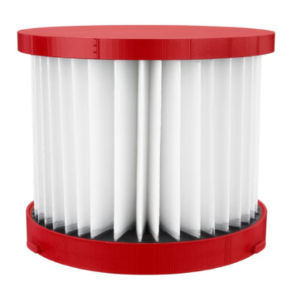 A pleated high efficiency washable HEPA filter replacement element featuring red end caps for the Milwaukee M18 cordless vacuum series.
