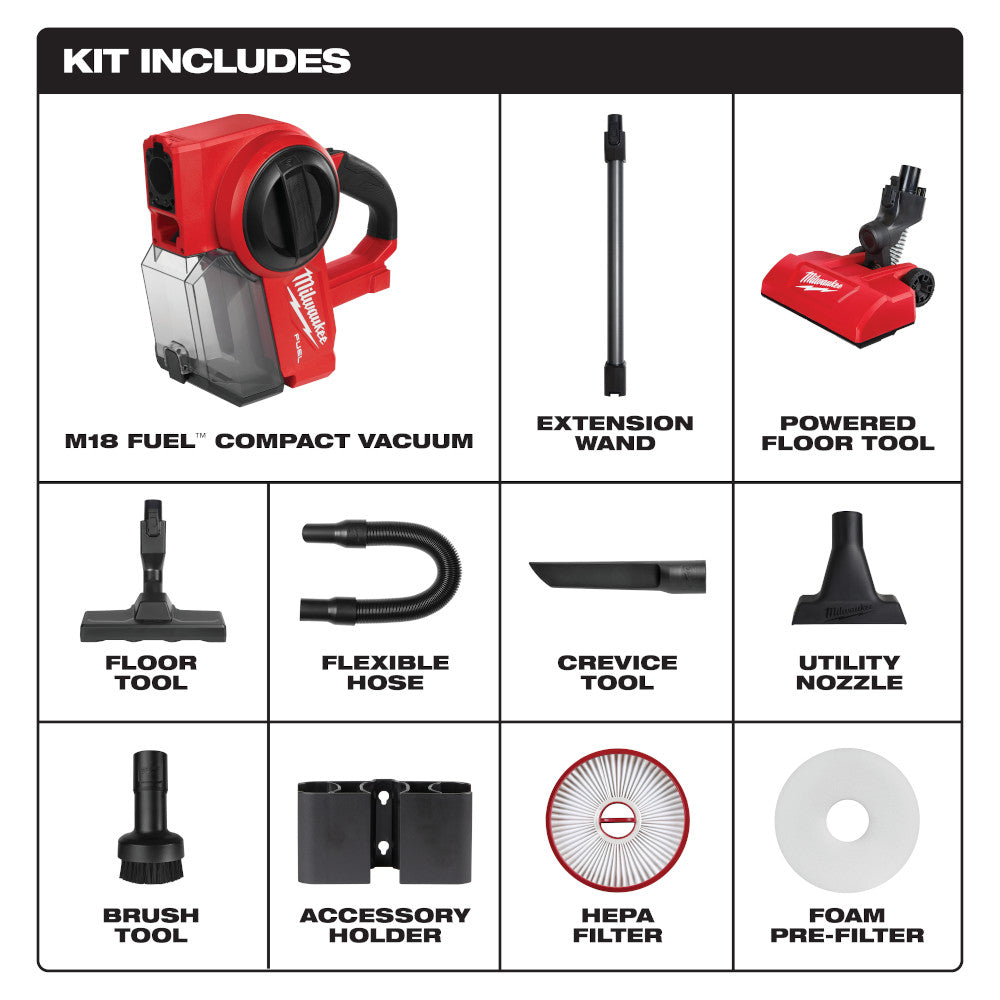 Milwaukee 0940-20 M18 FUEL compact vacuum kit includes extension wand powered floor tool flexible hose HEPA filter and accessories

