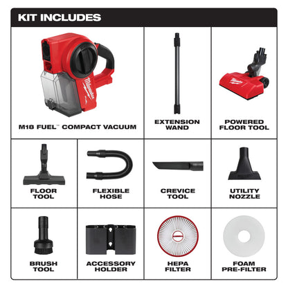 Milwaukee 0940-20 M18 FUEL compact vacuum kit includes extension wand powered floor tool flexible hose HEPA filter and accessories
