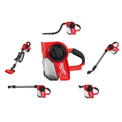 Milwaukee 0940-20 M18 FUEL cordless compact vacuum system shown in multiple configurations with attachments
