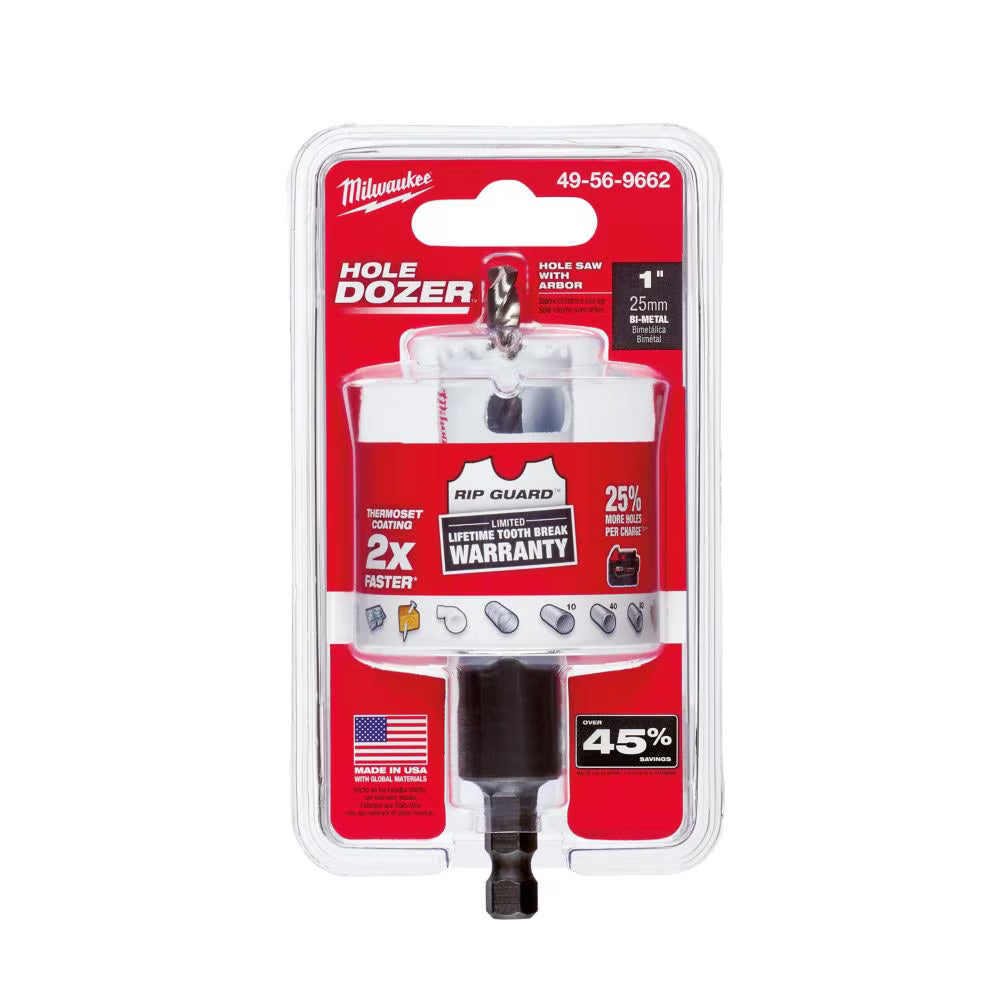 Milwaukee 49-56-9662 Hole Dozer 1 inch bi-metal hole saw with arbor, retail packaging