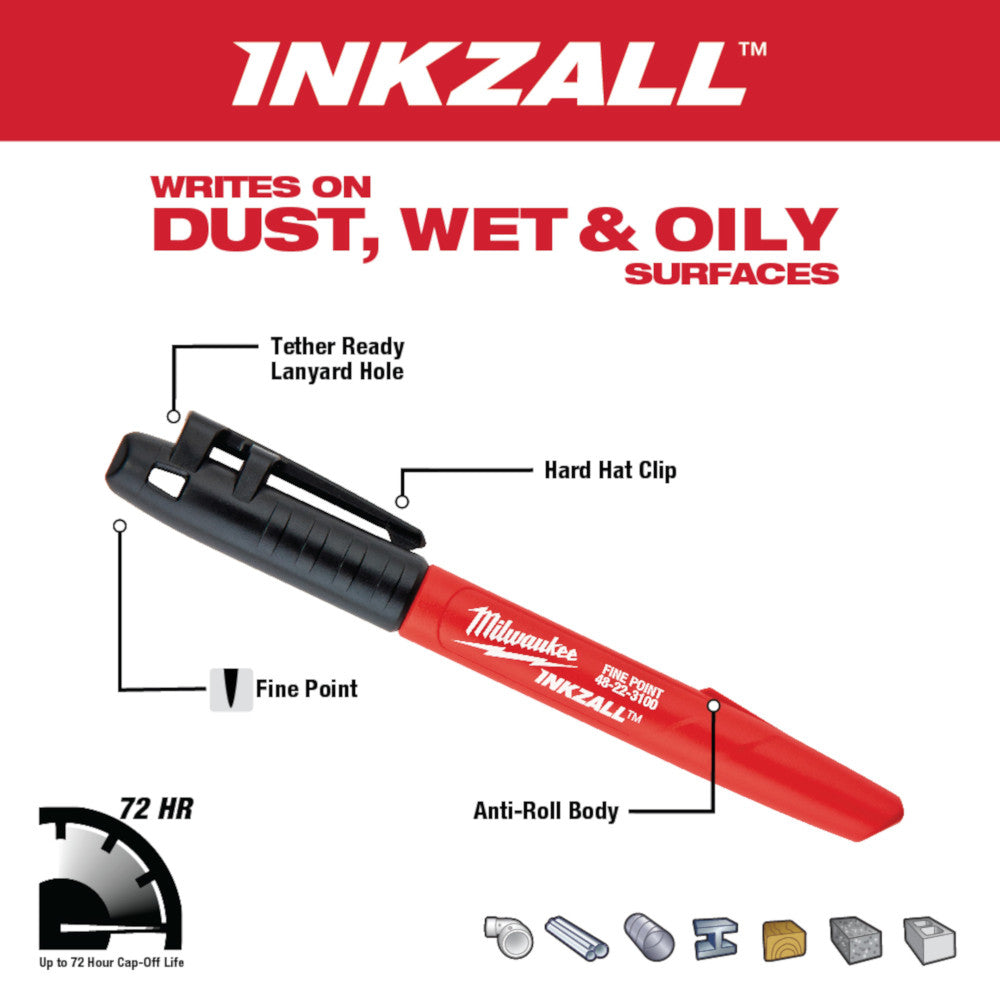 Milwaukee 48-22-3104 INKZALL Black Fine Point Jobsite Markers - 4pk