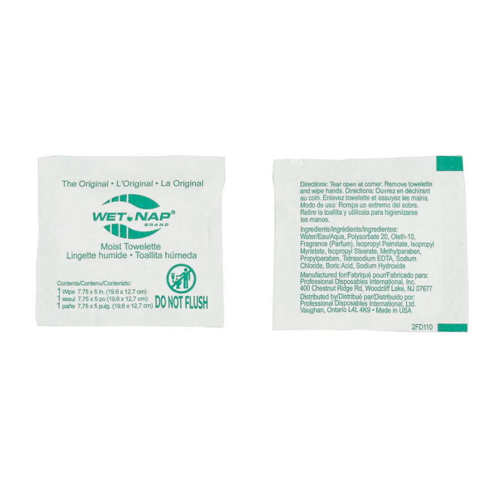 Single 7.75 x 5 inch LEO moist towelette individual packet showing packaging details.