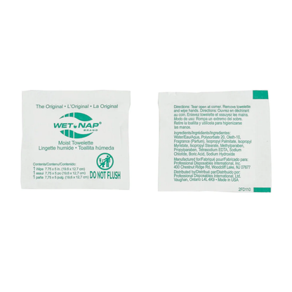 Single 7.75 x 5 inch LEO moist towelette individual packet showing packaging details.