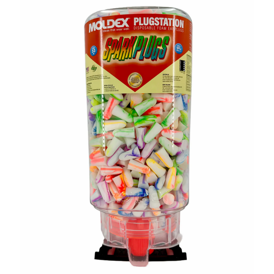 The bulk 500-pair commercial dispenser box of Moldex 6645 SparkPlugs uncorded disposable foam earplugs.