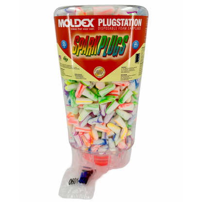 A loose pair of Moldex SparkPlugs uncorded earplugs showcasing the distinctive, bright random color streaks and swirls on the foam surface.