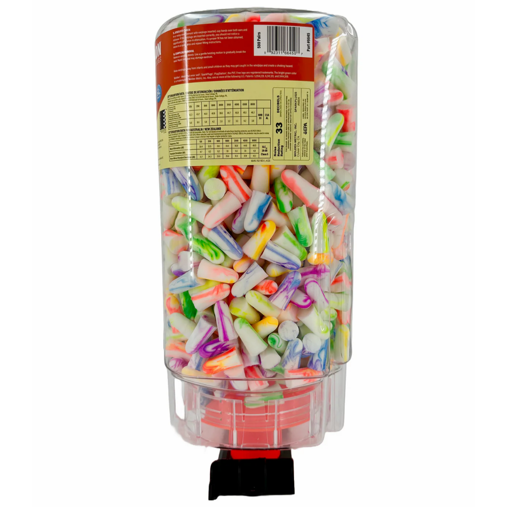 A loose pair of Moldex SparkPlugs showcasing the distinctive, bright random color streaks and swirls on the foam surface.