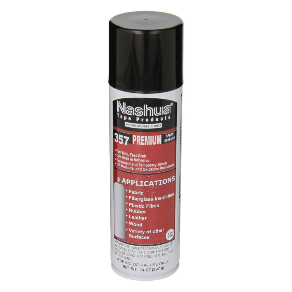 Nashua Tape Products 357 Premium white web spray adhesive in a 14 oz 397g black and red aerosol can, low VOC fast skin fast grab formula with UV moisture and oxidation resistance, bonds fabric, fiberglass insulation, plastic films, rubber, leather, and wood