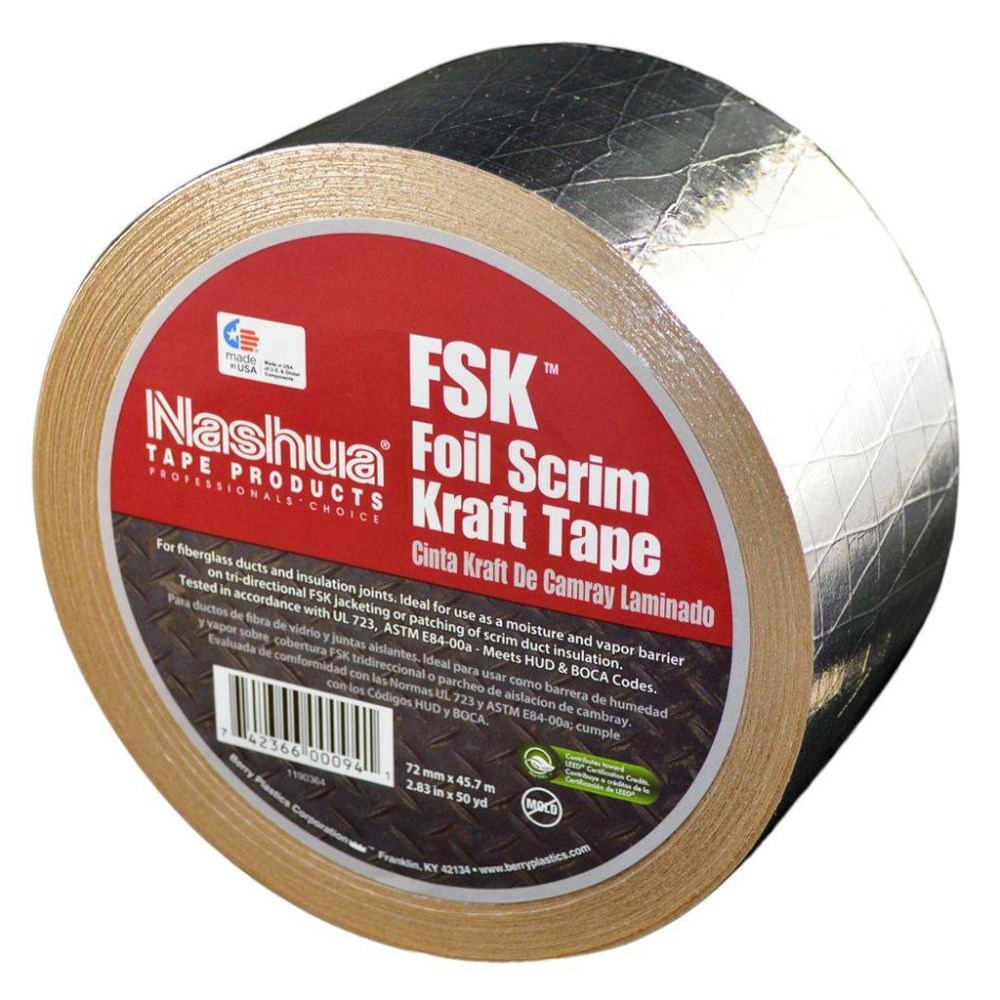 Roll of Nashua FSK Foil Scrim Kraft insulation tape with a red product label, displaying its silver reflective backing reinforced with a fiberglass diamond scrim pattern.