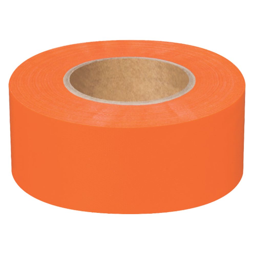 A single roll of high-visibility neon orange non-adhesive flagging tape on a clean white background