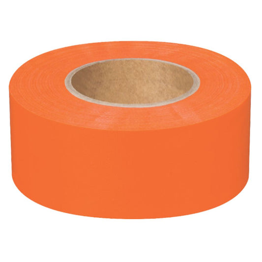 A single roll of high-visibility neon orange non-adhesive flagging tape on a clean white background