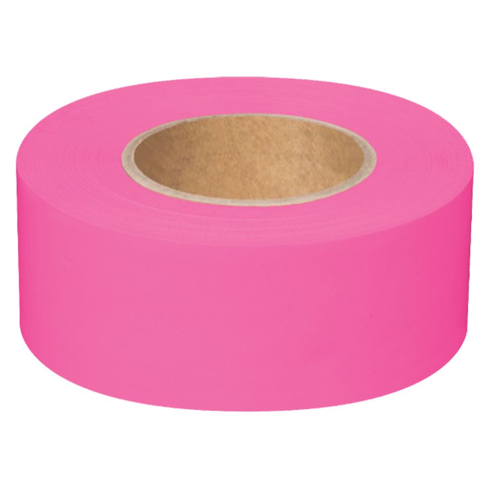 A single roll of high-visibility neon pink non-adhesive flagging tape on a clean white background