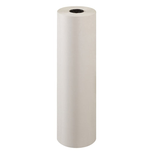 A single tall, standing vertical roll of off-white unprinted newsprint paper with a black central core over a clean white background