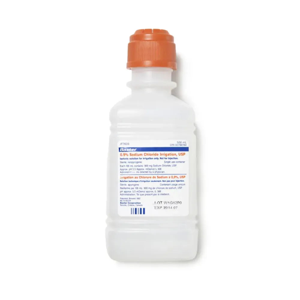 A 500ml bottle of Normal Saline Irrigation Solution (0.9% Sodium Chloride), designed for sterile wound cleansing and medical procedures.