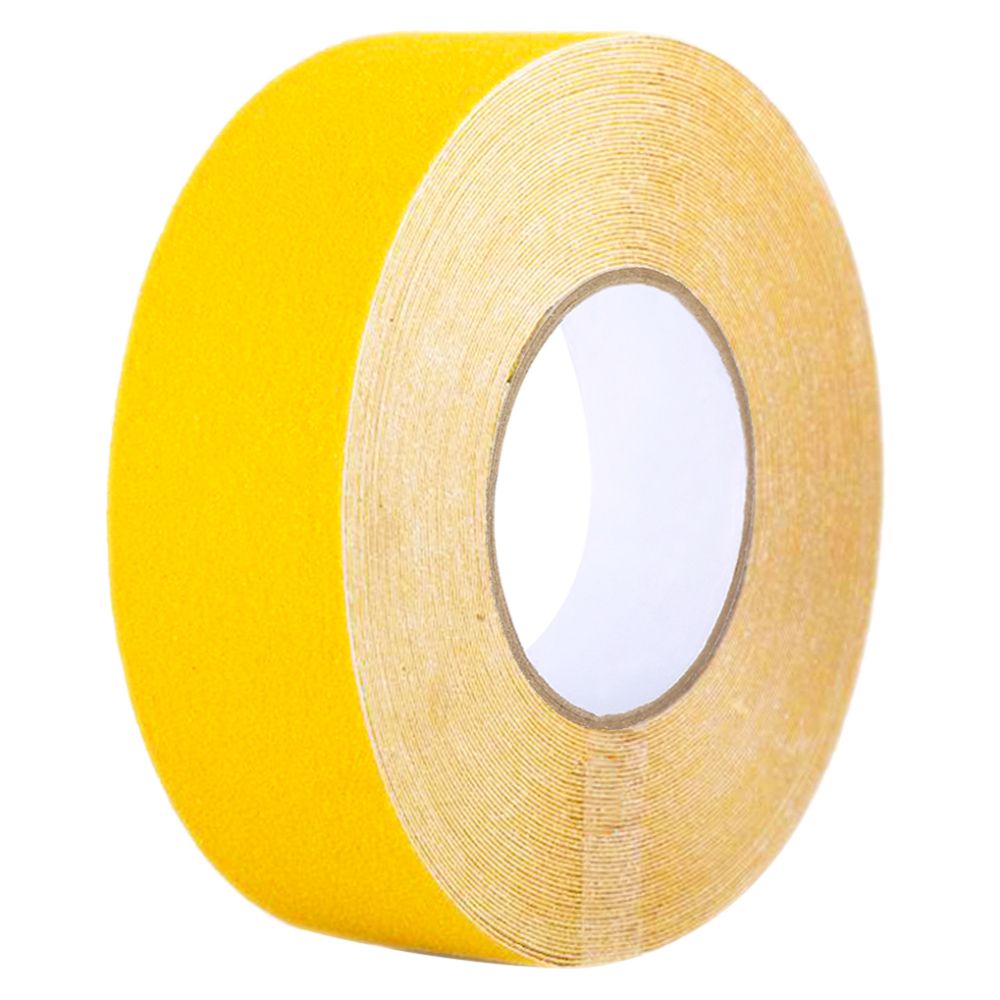 A single roll of high-visibility solid yellow non-skid slip-resistant tread safety tape on a clean white background