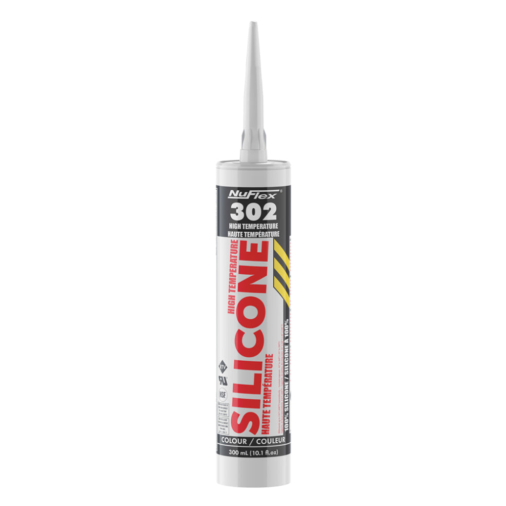 NuFlex 302 red high temperature 100% silicone sealant in a 300ml 10.1 fl oz cartridge with grey precision tip, UL and NSF certified, for sealing furnaces, ovens, boilers, and high heat industrial equipment