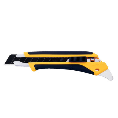 OLFA heavy duty auto lock utility knife profile view with extended ultra sharp black snap off blade on a clean white background