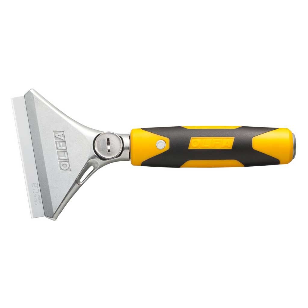 Olfa heavy duty wide blade scraper with yellow black ergonomic grip handle on white background
