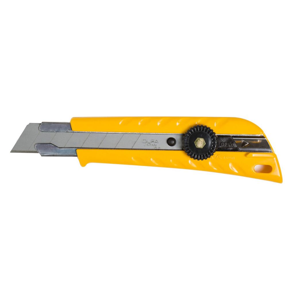 OLFA L-1 heavy duty ratchet lock utility knife front view featuring yellow pistol grip handle and black dial wheel lock mechanism
