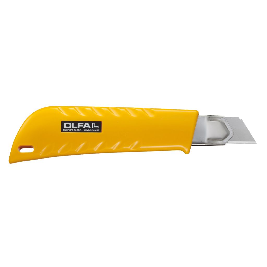OLFA L-1 heavy duty utility knife back view showing the ergonomic yellow pistol grip casing and branded snap off blade housing