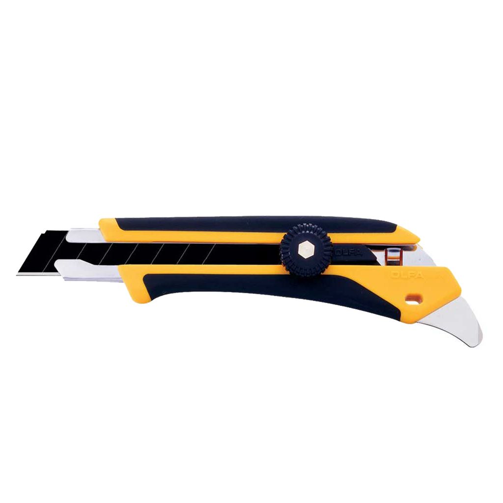 OLFA L-5 heavy duty utility knife with a secure ratchet lock dial and extended black snap off blade