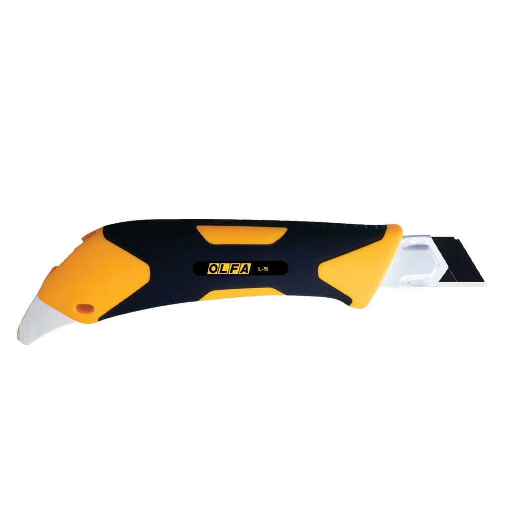 OLFA L-5 heavy duty utility knife back profile view showing the yellow and black rubber grip casing