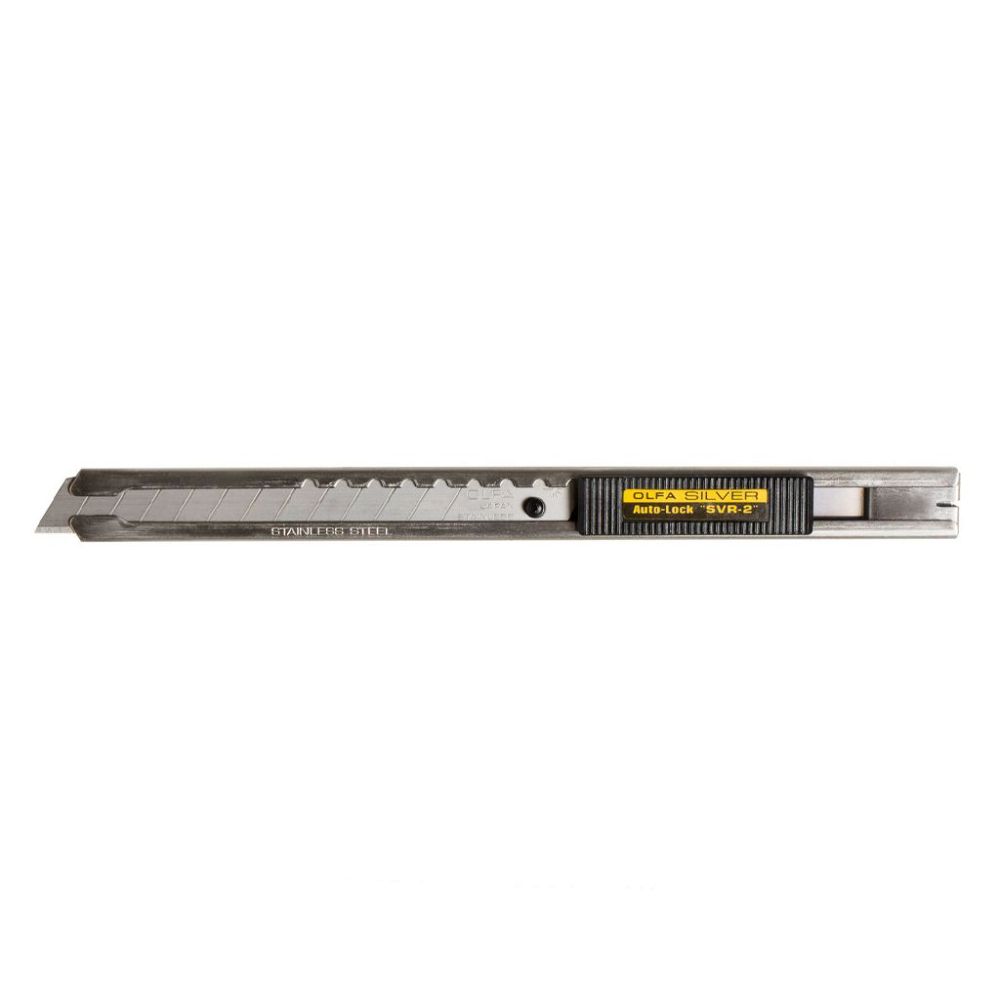 OLFA Silver SVR-2 auto lock utility knife front view with black slider and stainless steel blade
