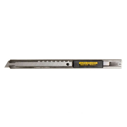 OLFA Silver SVR-2 auto lock utility knife front view with black slider and stainless steel blade