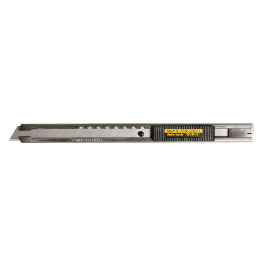 OLFA Silver SVR-2 auto lock utility knife front view with black slider and stainless steel blade