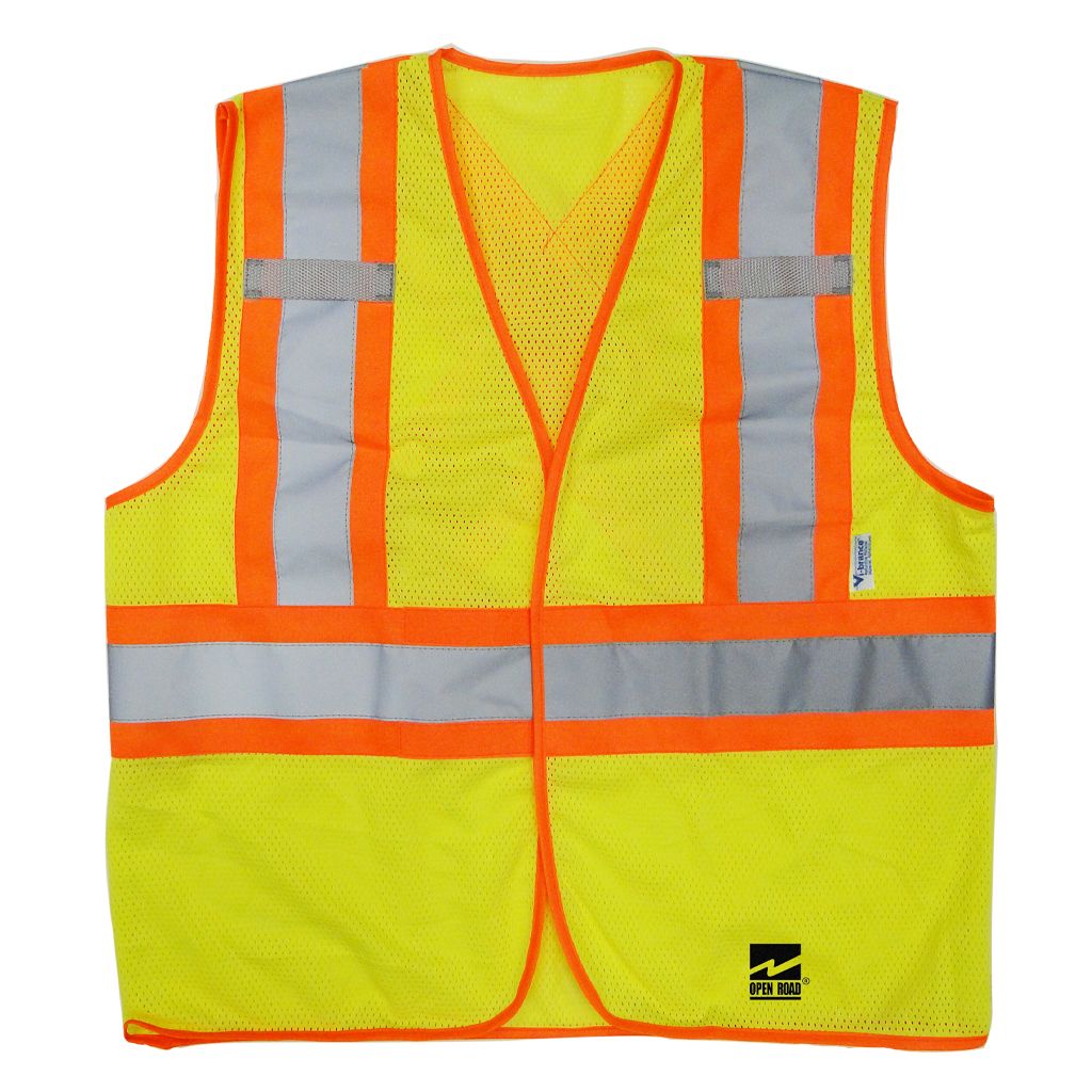 Front view of an Open Road BTE high visibility neon green mesh safety vest with orange and silver reflective stripes
