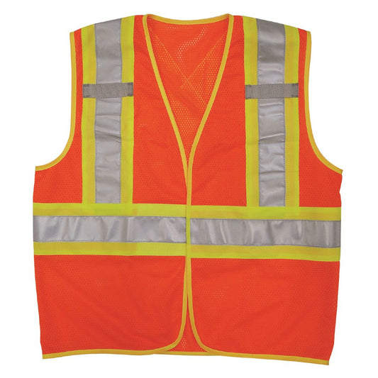 Front view of an Open Road BTE neon orange mesh safety vest featuring high-visibility yellow and silver reflective stripes