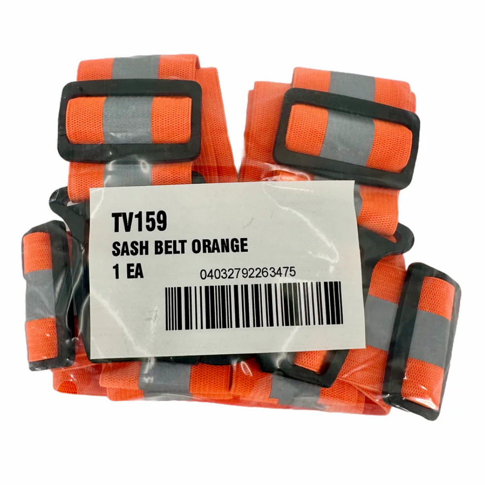 Orange hi-vis reflective sash belt TV159 in packaging with grey reflective stripe