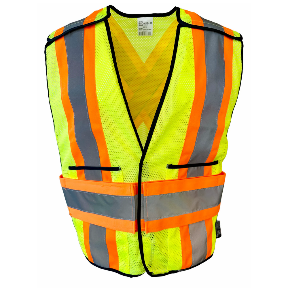 Orange hi-vis traffic vest back view with yellow and grey reflective X cross stripes