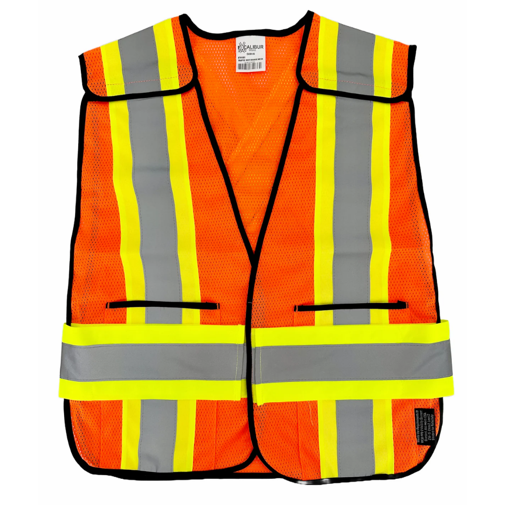 Orange high visibility safety vest back view with yellow X-pattern reflective tape