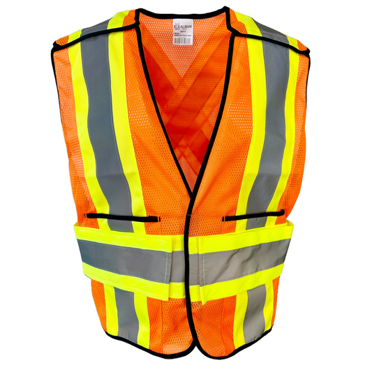 Orange high visibility traffic safety vest front with yellow reflective bands and pockets
