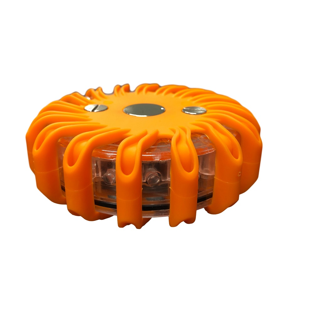 Side view of a single LEO orange LED road flare showing the durable rubberized housing and magnetic base for vehicle mounting.