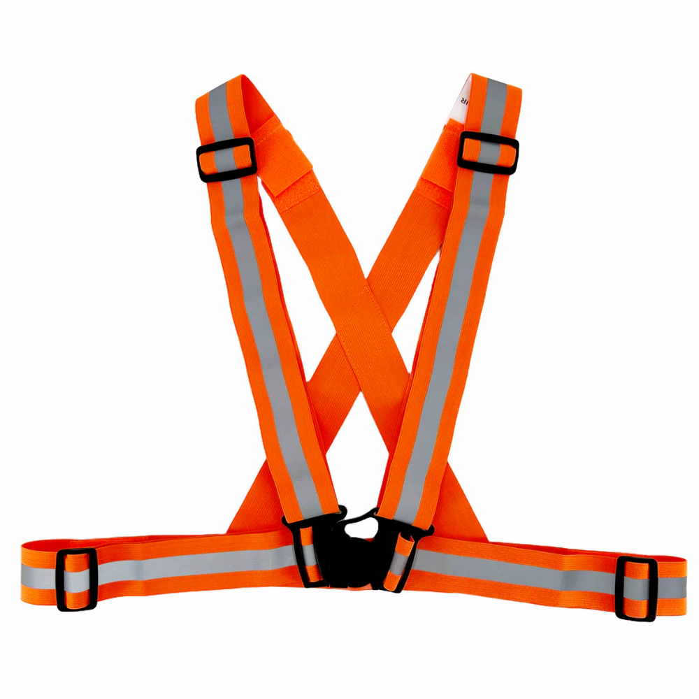 Orange reflective safety sash belt front view with grey reflective stripe and buckle