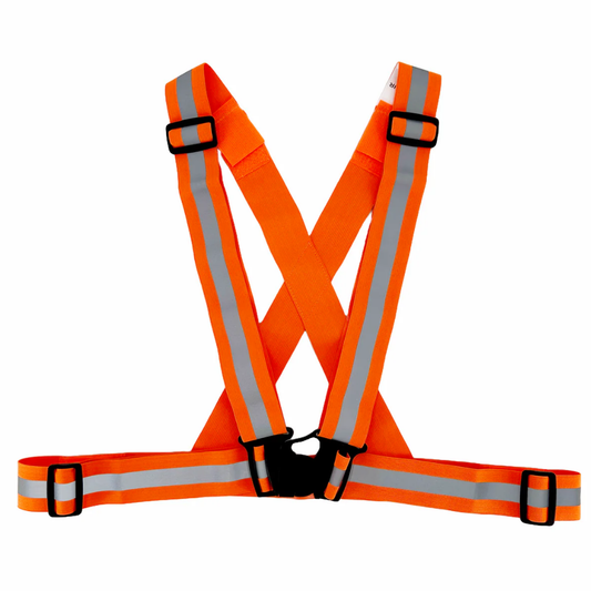 Orange reflective safety sash belt front view with grey reflective stripe and buckle
