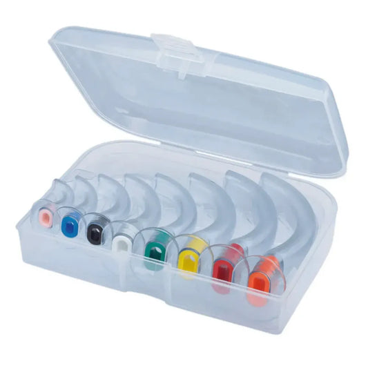 An 8-piece oropharyngeal airway kit with color-coded Guedel airways organized in a transparent protective plastic case.