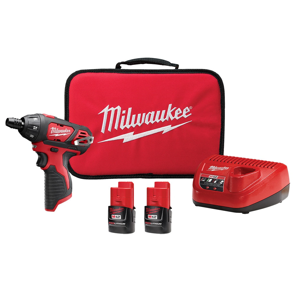 Milwaukee 2401-22 Tool M12 12-Volt Lithium-Ion Cordless 1/4 in. Hex Screwdriver Kit w/ (2) 1.5Ah Batteries & Charger & Bag