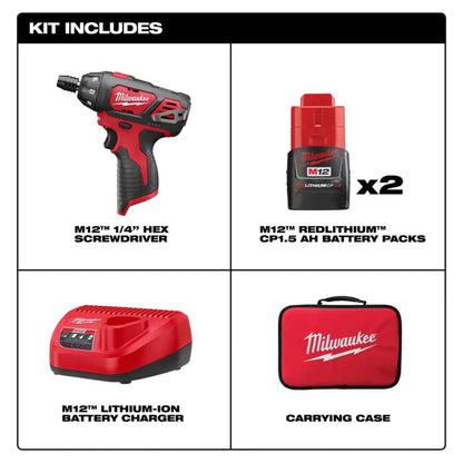 Milwaukee 2401-22 Tool M12 12-Volt Lithium-Ion Cordless 1/4 in. Hex Screwdriver Kit w/ (2) 1.5Ah Batteries & Charger & Bag