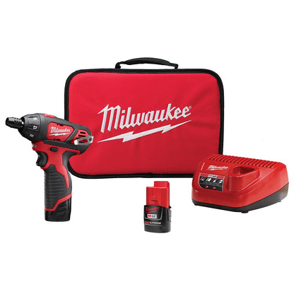 Milwaukee 2401-22 Tool M12 12-Volt Lithium-Ion Cordless 1/4 in. Hex Screwdriver Kit w/ (2) 1.5Ah Batteries & Charger & Bag