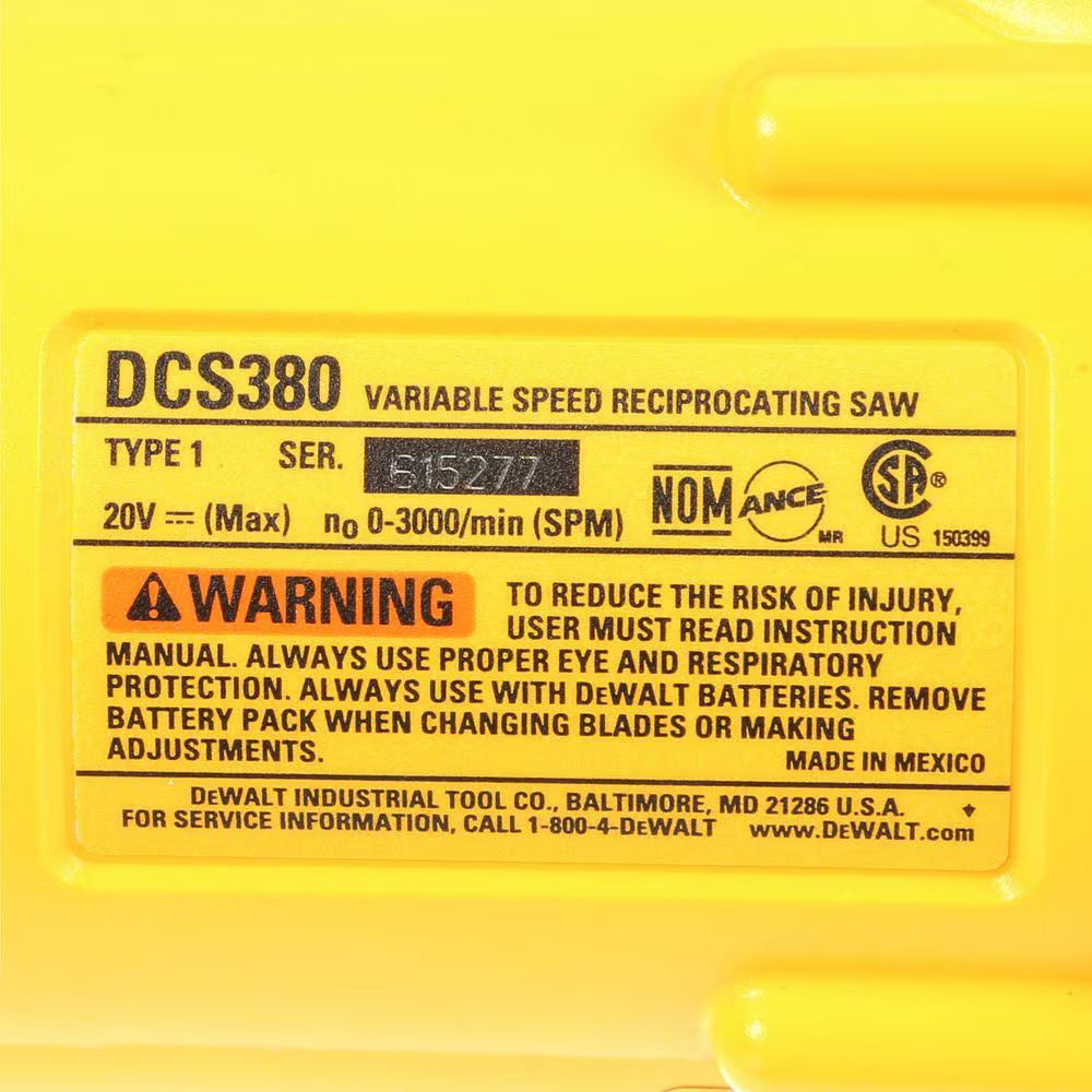 DEWALT DCS380B 20V MAX Lithium-Ion Cordless Reciprocating Saw (Tool Only)