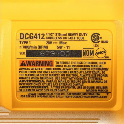 DEWALT DCG412B 20-Volt MAX Lithium-Ion Cordless 4.5-inch & 5 inch Disc Compatible Angle Grinder (Tool Only)