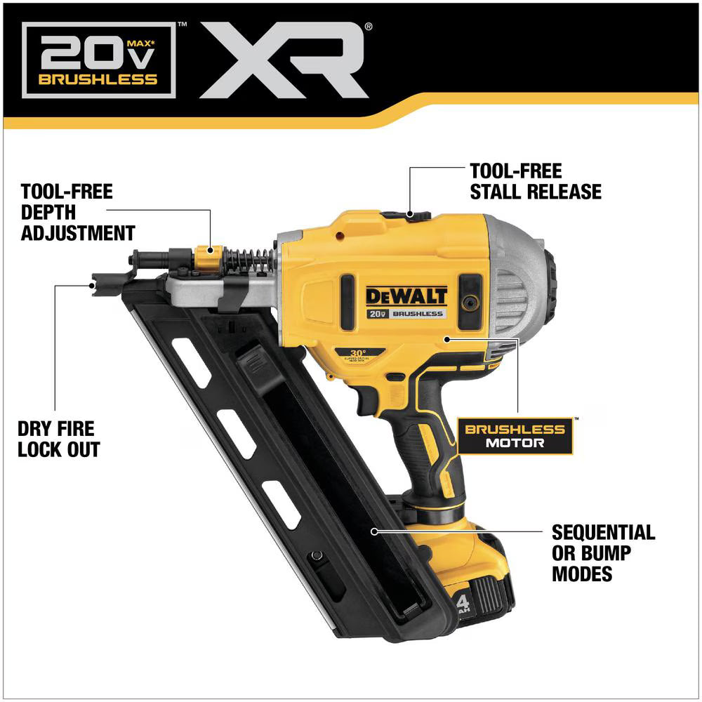 DEWALT DCN692M1 20V MAX XR Cordless 30° Paper Collated Framing Nailer, 2 Speed, Kit with 4.0Ah Battery & Charger